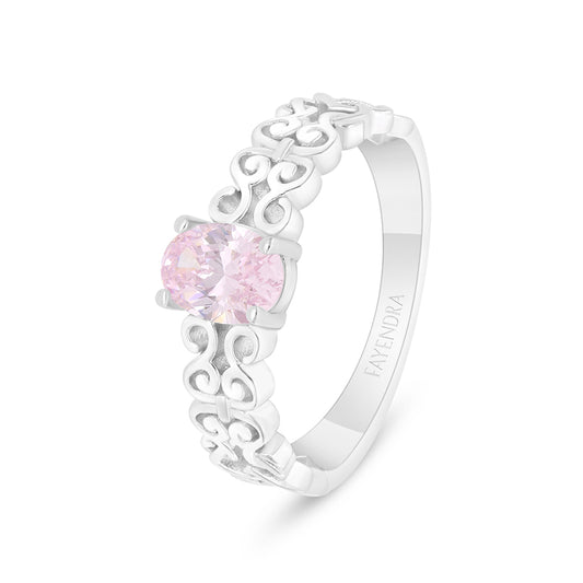 Sterling Silver 925 Ring Rhodium Plated Embedded With Pink Zircon
