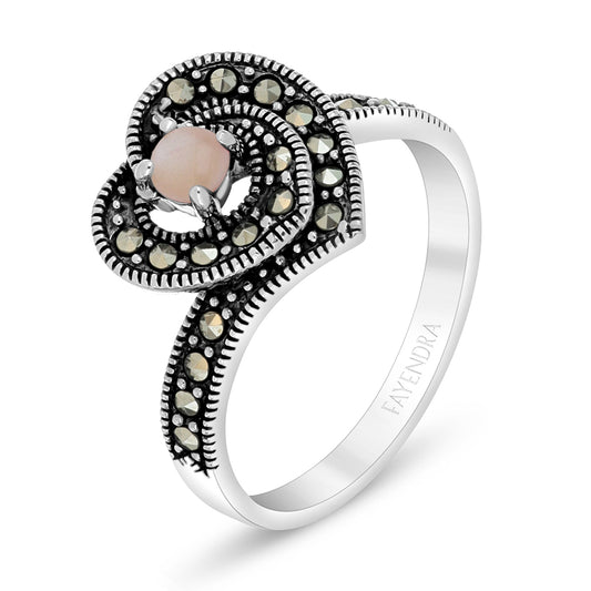 Sterling Silver 925 Ring Embedded With Natural Pink Shell And Marcasite Stones