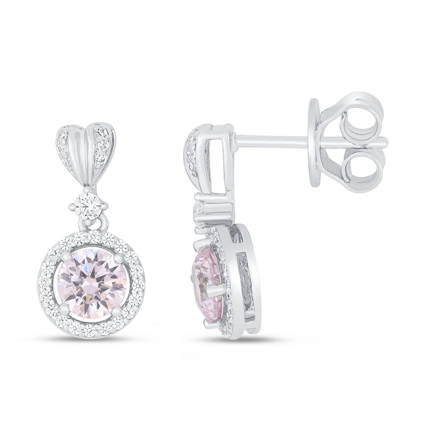 Sterling Silver 925 Earring Rhodium Plated Embedded With Pink Zircon And White Zircon
