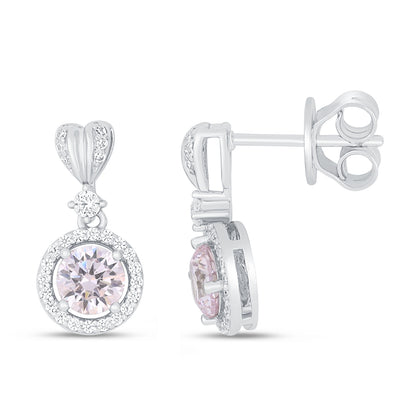 Sterling Silver 925 Earring Rhodium Plated Embedded With Pink Zircon And White Zircon