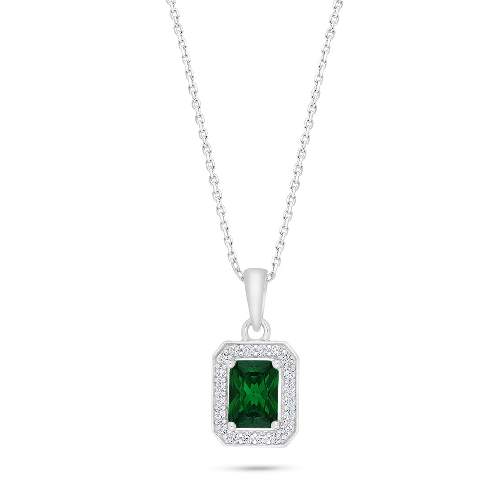Sterling Silver 925 Necklace Rhodium Plated Embedded With Emerald Zircon And White Zircon