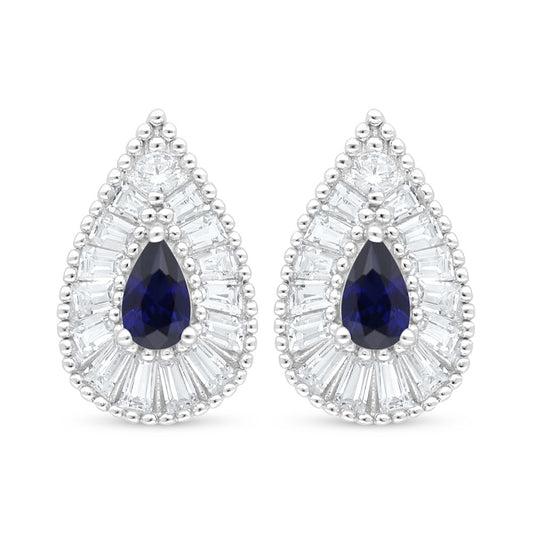 Sterling Silver 925 Earring Rhodium Plated Embedded With Sapphire Corundum And White Zircon