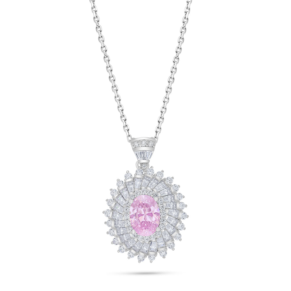Sterling Silver 925 Necklace Rhodium Plated Embedded With Pink Zircon And White Zircon