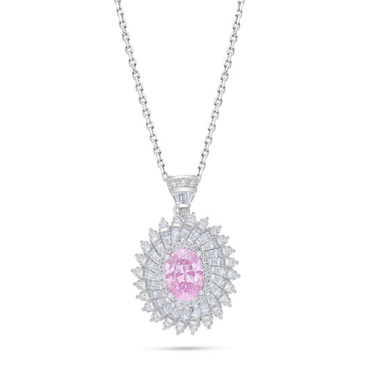 Sterling Silver 925 Necklace Rhodium Plated Embedded With Pink Zircon And White Zircon