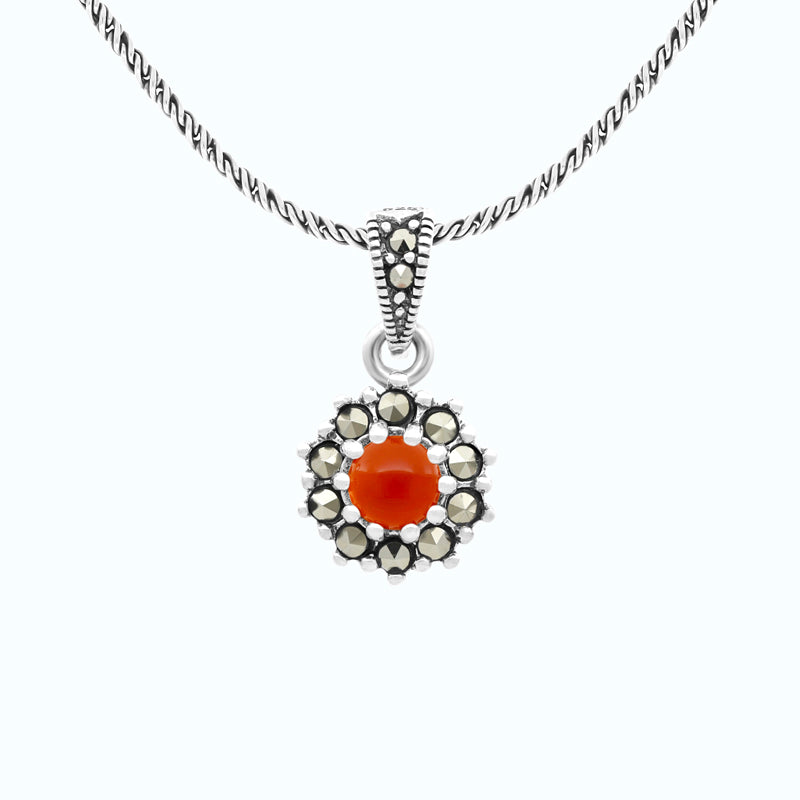Sterling Silver 925 Pendant Embedded With Natural Aqiq And Marcasite Stones