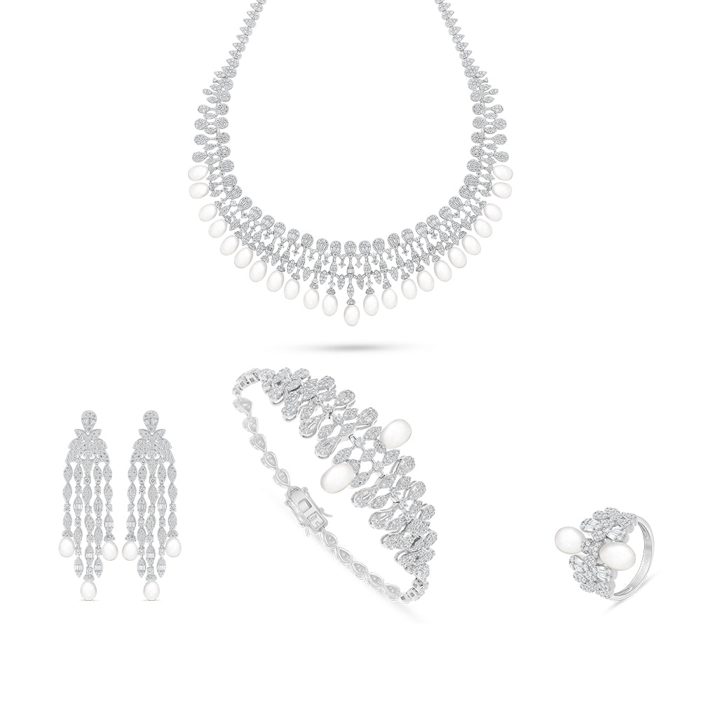 Sterling Silver 925 SET Rhodium Plated Embedded With Natural White Pearl And White Zircon