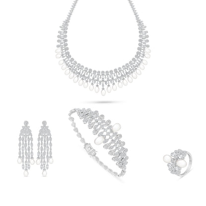 Sterling Silver 925 SET Rhodium Plated Embedded With Natural White Pearl And White Zircon