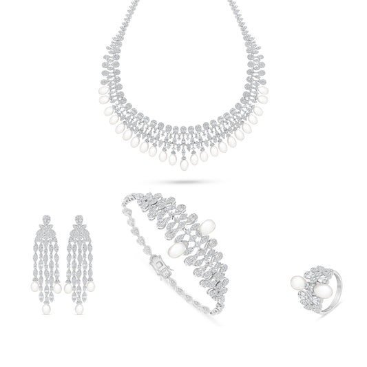 Sterling Silver 925 SET Rhodium Plated Embedded With Natural White Pearl And White Zircon