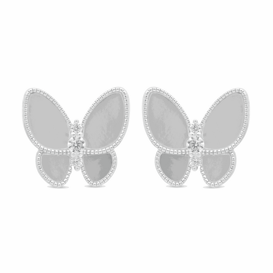 Sterling Silver 925 Earring Rhodium Plated Embedded With White Shell And White Zircon