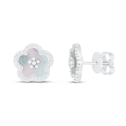 Sterling Silver 925 Earring Rhodium Plated Embedded With White Shell And White Zircon