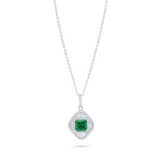 Sterling Silver 925 Necklace Rhodium Plated Embedded With Emerald Zircon And White Zircon