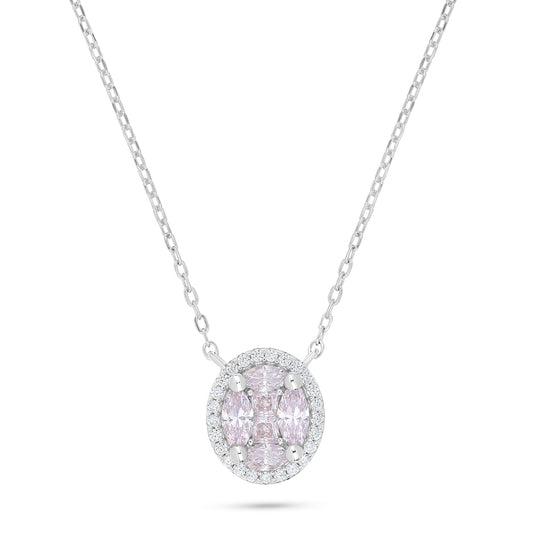 Sterling Silver 925 Necklace Rhodium Plated Embedded With Pink Zircon And White Zircon