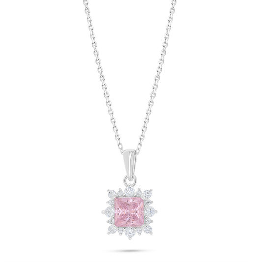 Sterling Silver 925 Necklace Rhodium Plated Embedded With pink Zircon And White Zircon