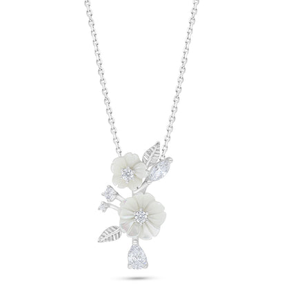 Sterling Silver 925 Necklace Rhodium Plated Embedded With White Shell And White Zircon