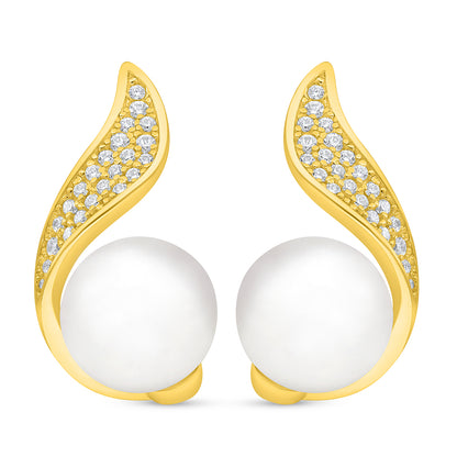 اقراط من الفضة الخالصة عيار 925 مطلية ذهبي مرصعة لولو ابيض طبيعي و فص ابيض