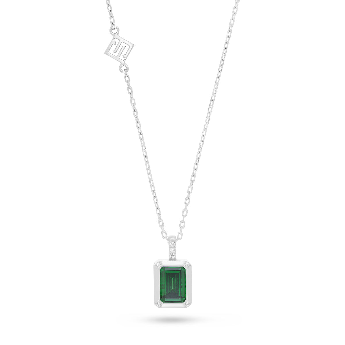 Sterling Silver 925 Necklace Rhodium Plated Embedded With Emerald Zircon And White Zircon