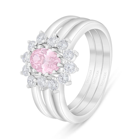 Sterling Silver 925 Ring (3pieces) Rhodium Plated Embedded  With Pink Zircon And White Zircon