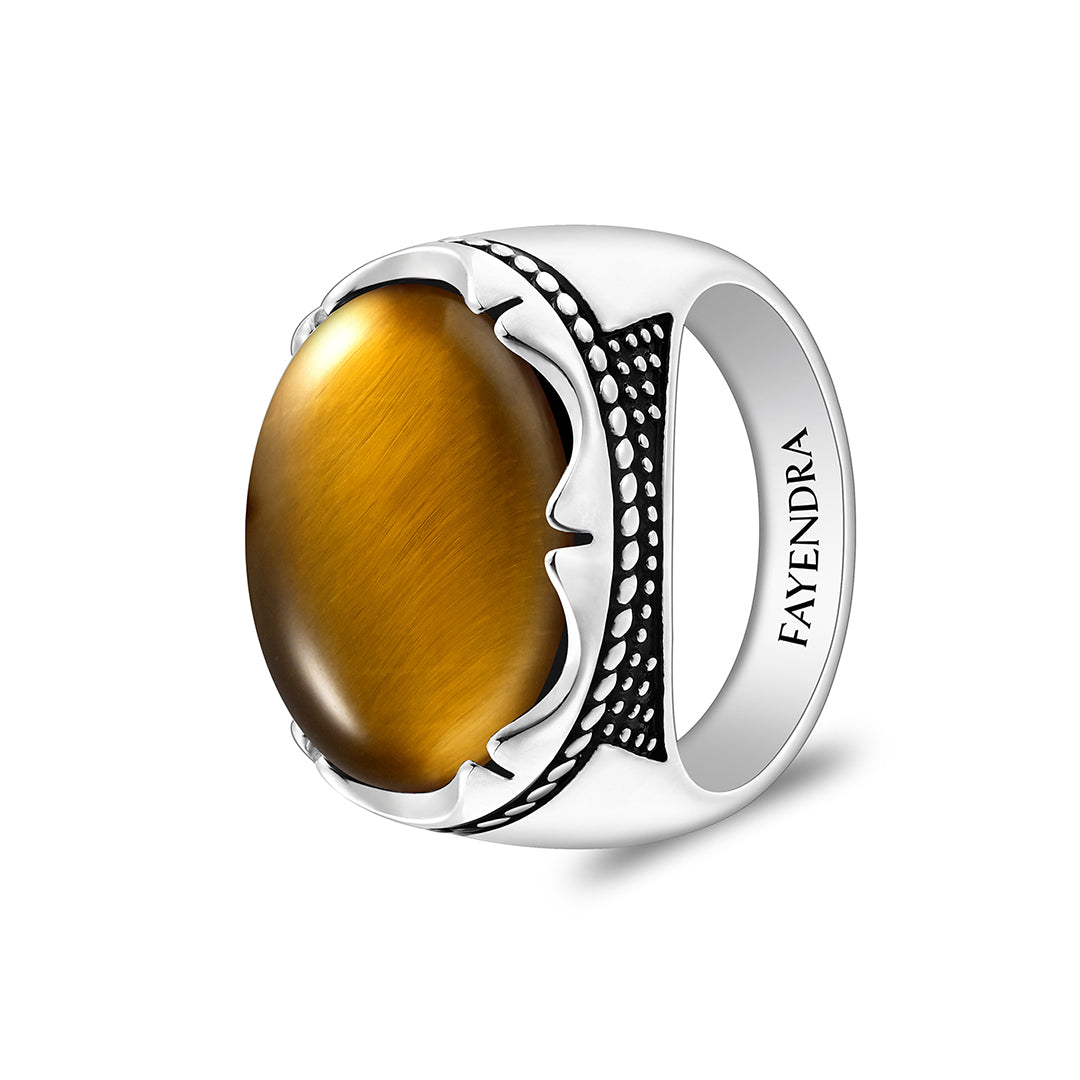 Sterling Silver 925 Ring Rhodium And Black Plated Embedded With Cabochon Yellow Tiger Eye For Men