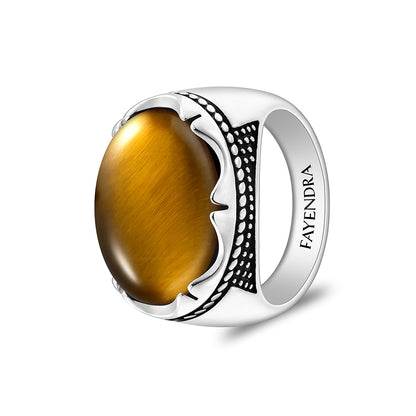 Sterling Silver 925 Ring Rhodium And Black Plated Embedded With Cabochon Yellow Tiger Eye For Men