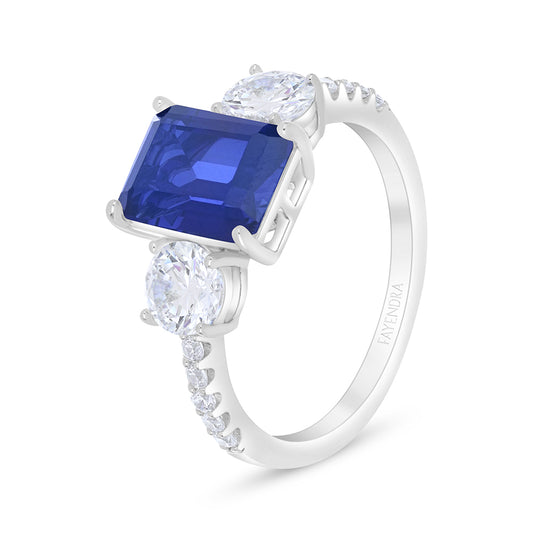 Sterling Silver 925 Ring Rhodium Plated Embedded With Sapphire Corundum And White Zircon