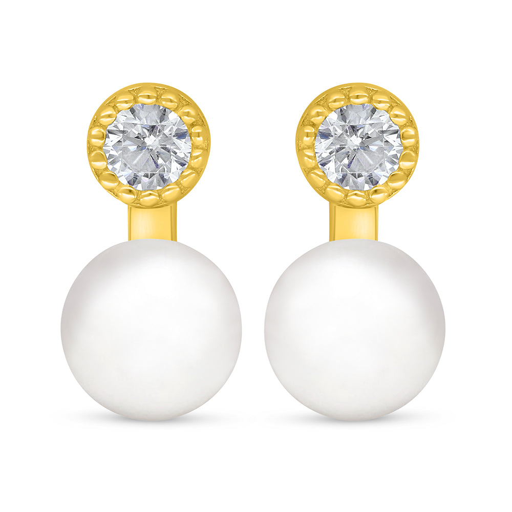 Sterling Silver 925 Earring Golden Plated Embedded With Natural White Pearl And White Zircon