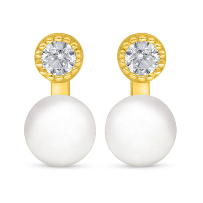 Sterling Silver 925 Earring Golden Plated Embedded With Natural White Pearl And White Zircon