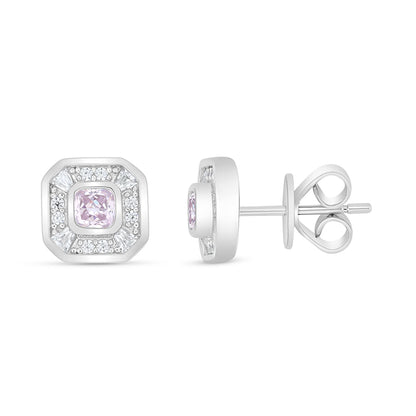 Sterling Silver 925 Earring Rhodium Plated Embedded With Pink Zircon And White Zircon