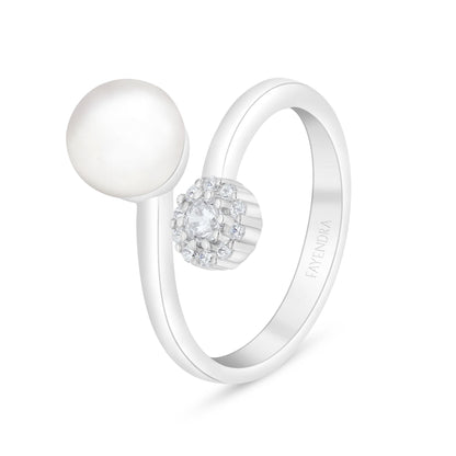 خاتم من الفضة الخالصة عيار 925 مطلي روديوم مرصع لولو ابيض طبيعي و فص ابيض