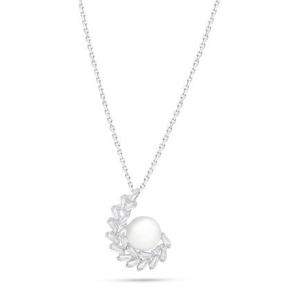 Sterling Silver 925 Necklace Rhodium Plated Embedded With Natural White Pearl And White Zircon