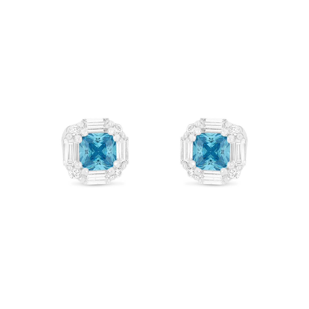 Sterling Silver 925 Earring Rhodium Plated Embedded With Aqua Zircon Color And White Zircon
