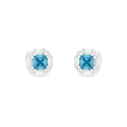 Sterling Silver 925 Earring Rhodium Plated Embedded With Aqua Zircon Color And White Zircon