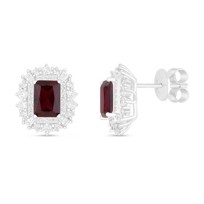 Sterling Silver 925 Earring Rhodium Plated Embedded With Ruby Corundum And White Zircon