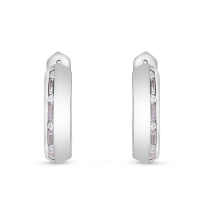Sterling Silver 925 Earring Rhodium Plated Embedded With Pink Zircon And White Zircon