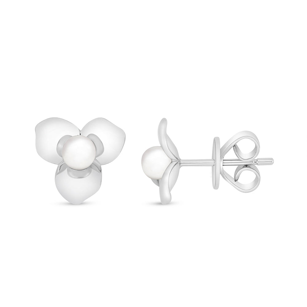 Sterling Silver 925 Earring Rhodium Plated Embedded With Natural White Pearl