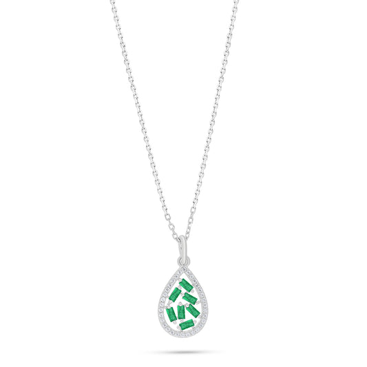 Sterling Silver 925 Necklace Rhodium Plated Embedded With Emerald Zircon And White Zircon