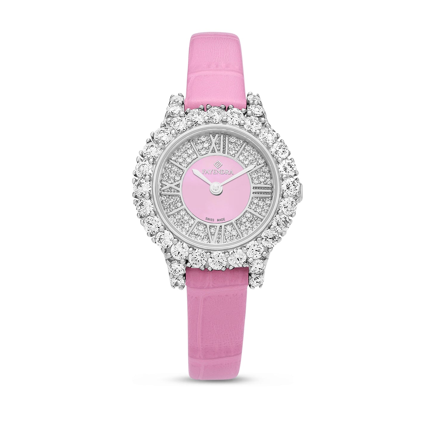 Stainless Steel 316 Watch Silver Color Pink Leather Embedded With White Zircon - PINK MOP DIAL