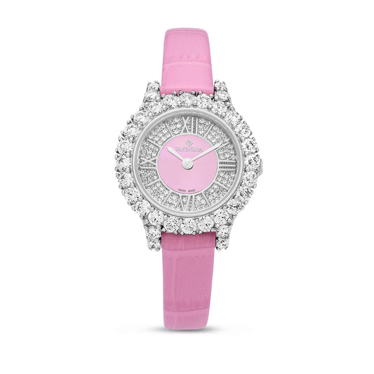 Stainless Steel 316 Watch Silver Color Pink Leather Embedded With White Zircon - PINK MOP DIAL