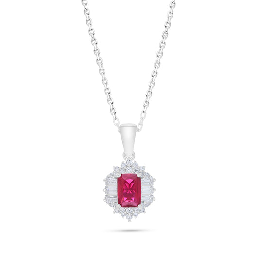 Sterling Silver 925 Necklace Rhodium Plated Embedded With Ruby Corundum And White Zircon