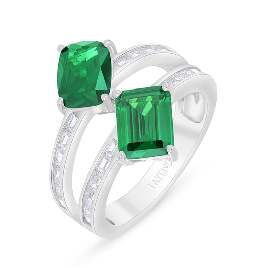 Sterling Silver 925 Ring Rhodium Plated Embedded With Emerald Zircon And White Zircon