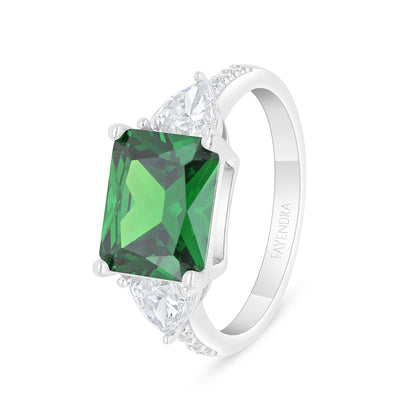 Sterling Silver 925 Ring Rhodium Plated Embedded With Emerald Zircon And White Zircon