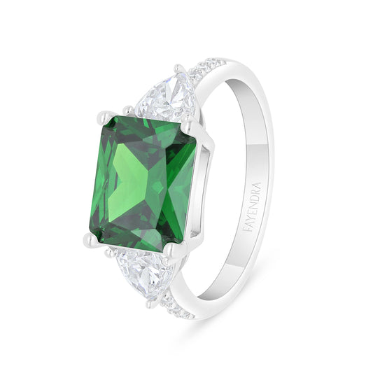 Sterling Silver 925 Ring Rhodium Plated Embedded With Emerald Zircon And White Zircon