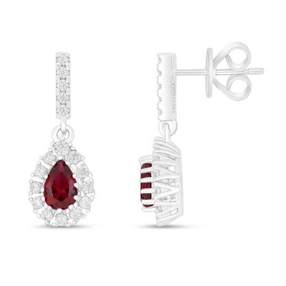 Sterling Silver 925 Earring Rhodium Plated Embedded With Ruby Corundum And White Zircon