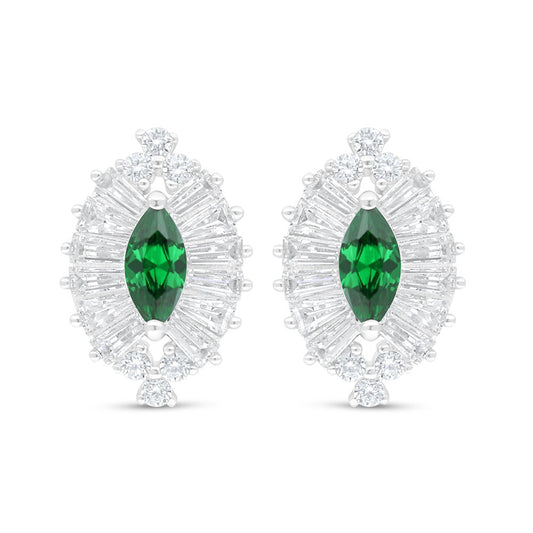 Sterling Silver 925 Earring Rhodium Plated Embedded With Emerald Zircon And White Zircon
