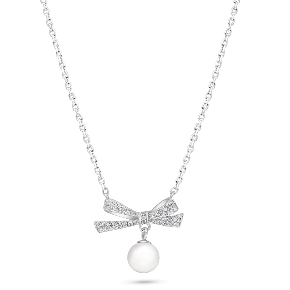 عقد من الفضة الخالصة عيار 925 مطلي روديوم مرصع لولو ابيض طبيعي و فص ابيض