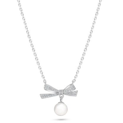 عقد من الفضة الخالصة عيار 925 مطلي روديوم مرصع لولو ابيض طبيعي و فص ابيض