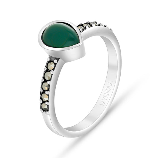 Sterling Silver 925 Ring Embedded With Natural Green Agate And Marcasite Stones
