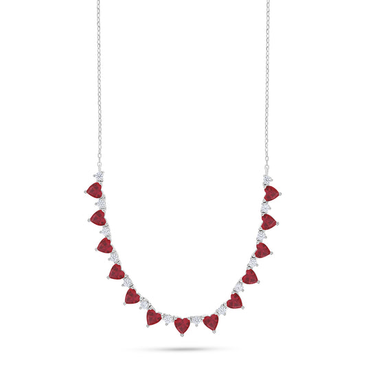 Sterling Silver 925 Necklace Rhodium Plated Embedded With Ruby Corundum And White Zircon