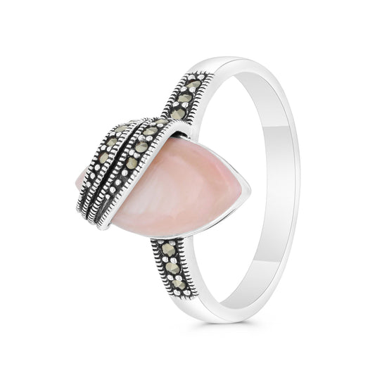 Sterling Silver 925 Ring Embedded With Natural Pink Shell And Marcasite Stones