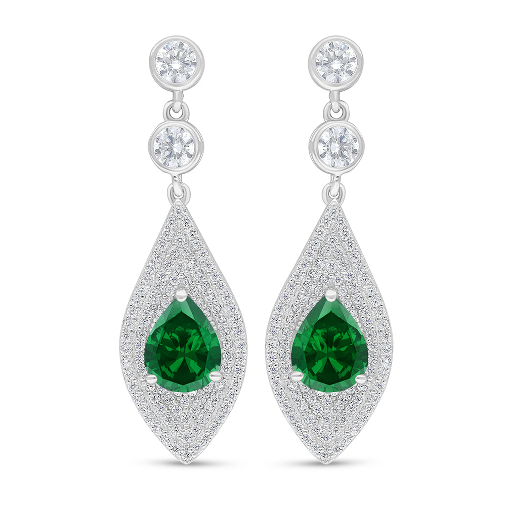 Sterling Silver 925 Earring Rhodium Plated Embedded With Emerald Zircon And White Zircon