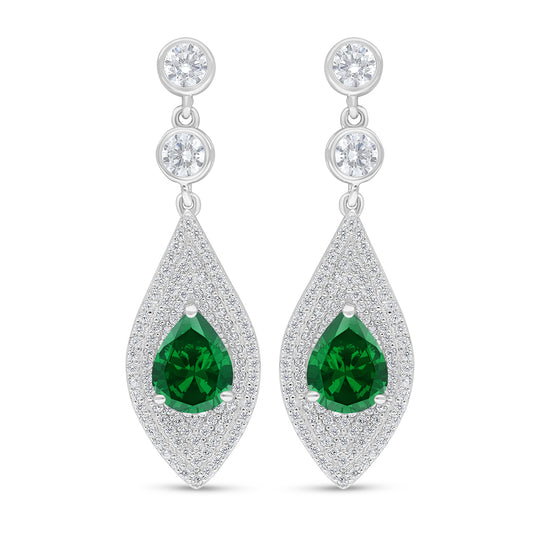 Sterling Silver 925 Earring Rhodium Plated Embedded With Emerald Zircon And White Zircon